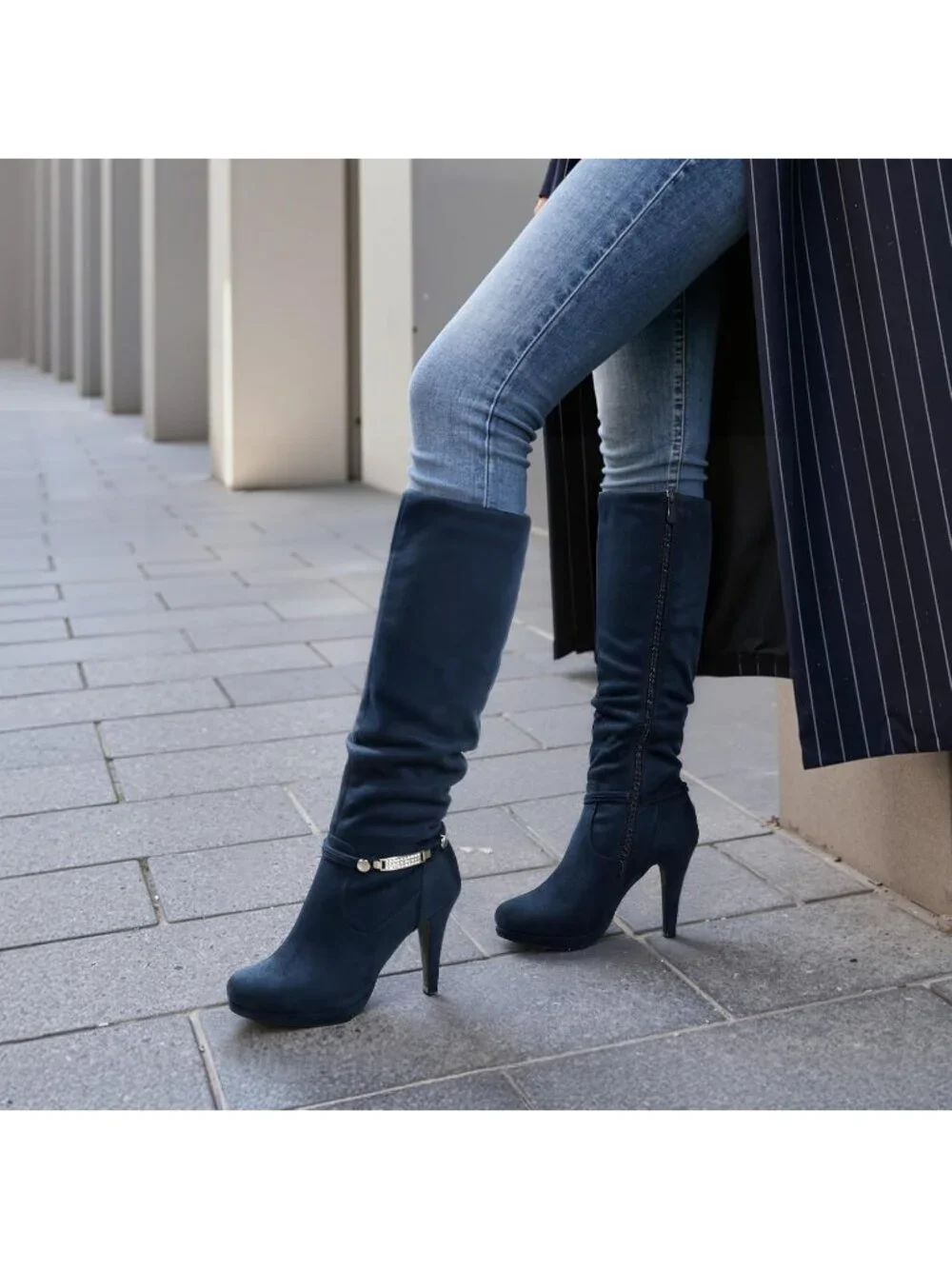 Women's Navy Suede Stiletto Heel Rhinestone Chain Side Zipper Knee High Boots